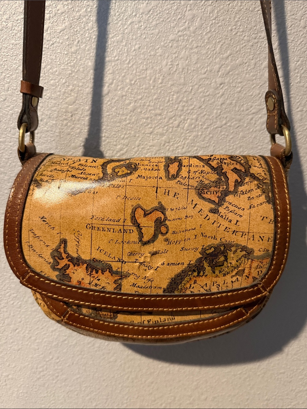 Patricia Nash Vintage Map-Print Leather Crossbody Bag in Tan